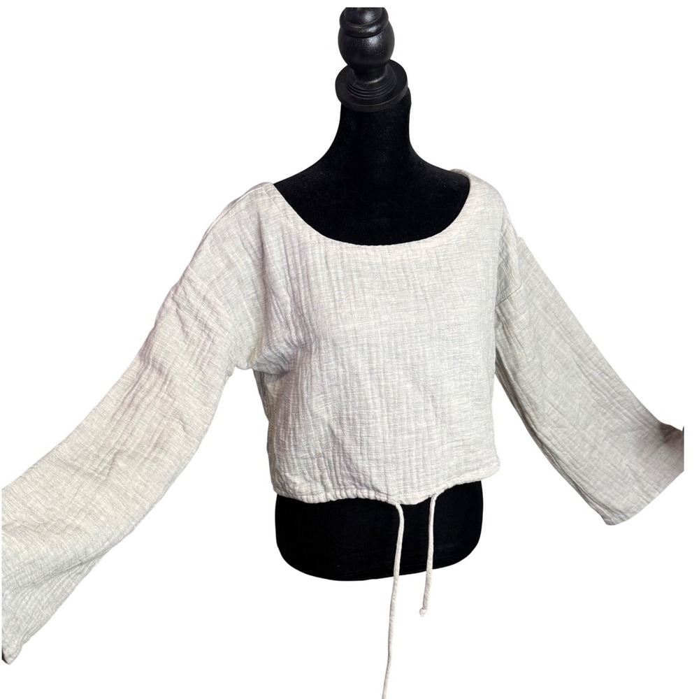 A. Ren Cotton Crinkle Gauze Crop Top Womens S Long Sleeve Drawstring Boho Beige